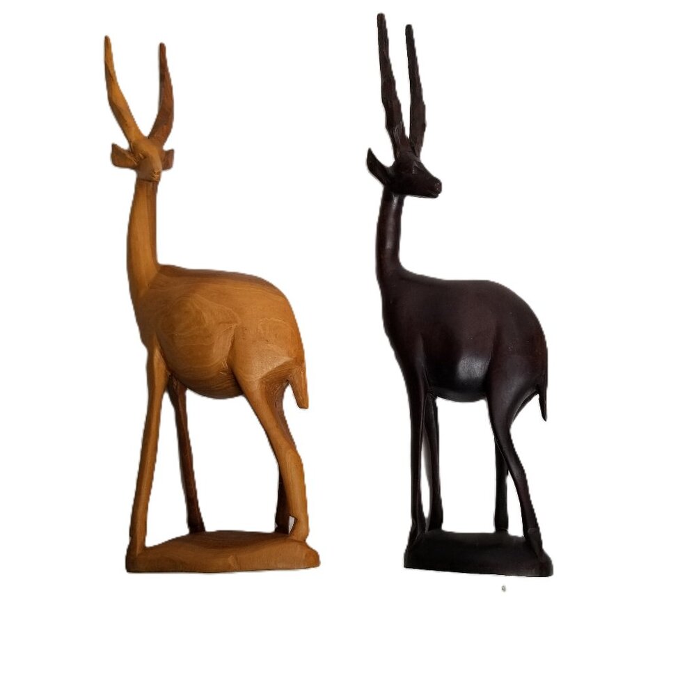 Hand Carved Wood Gazelle Pair African Safari Tribal Decor Bohemian MCM
